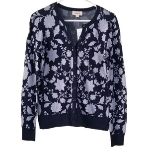 NWT LOFT Navy Button Down Long Sleeve Cardigan Gray Floral Print Size S